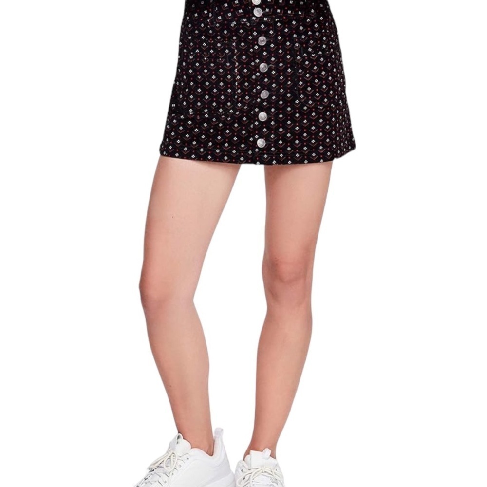 WE THE FREE Joanie Corduroy Mini Skirt in Black w/ White/Red designs Size 25